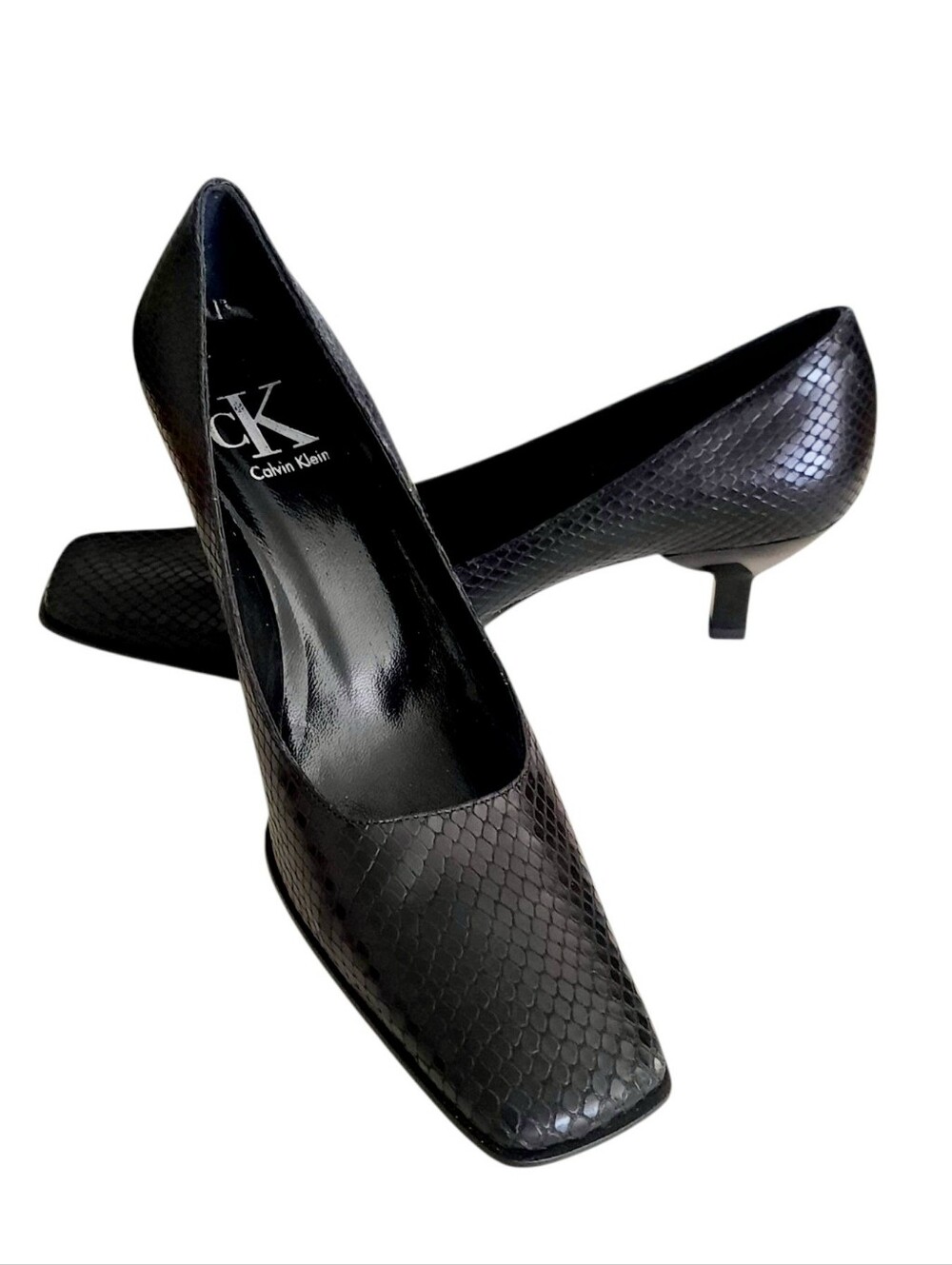Vtg CALVIN KLEIN Black Snake-Embossed Leather Sq-Toe Kitten Heel Pumps 7.5 Italy